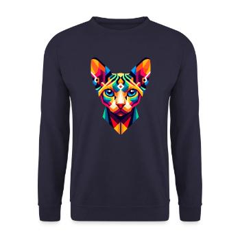 Geometric Sphynx Cat: Vibrant Abstract Portrait - Unisex Sweatshirt - navy - Front - Alina (178cm) & Michal (187cm)