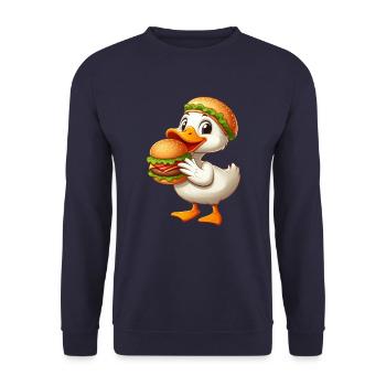 Lustige Ente Erpel Fast Food Hamburger - Unisex Pullover - Navy - Vorne - Alina (178cm) & Michal (187cm)