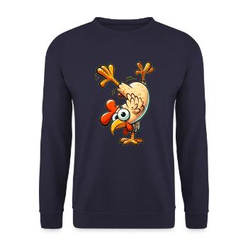 Lustiges Huhn Hahn Henne Yoga Handstand Fitness - Unisex Pullover - Navy - Vorne - Alina (178cm) & Michal (187cm)