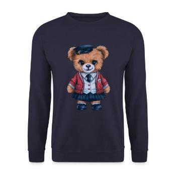 Süßer Teddybär mit trationeller Schuluniform - Unisex Pullover - Navy - Vorne - Alina (178cm) & Michal (187cm)