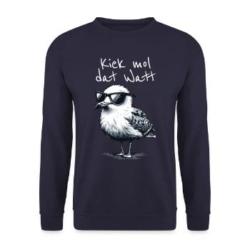 Kiek mol dat Watt Wattwanderer Möwe Spruch - Unisex Pullover - Navy - Vorne - Alina (178cm) & Michal (187cm)