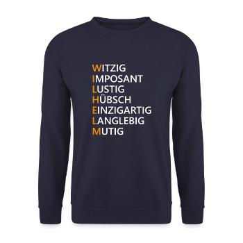 Wilhelm Name Geschenk - Unisex Pullover - Navy - Vorne - Alina (178cm) & Michal (187cm)