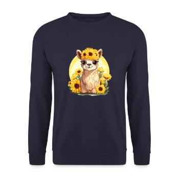 Alpaka mit Sonnenblumen - Unisex Pullover - Navy - Vorne - Alina (178cm) & Michal (187cm)