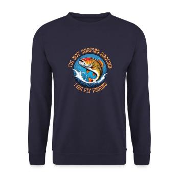 Ich kümmere mich nicht herum, ich fische mit der Fliege - Unisex Pullover - Navy - Vorne - Alina (178cm) & Michal (187cm)