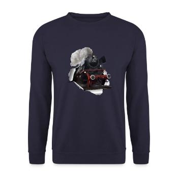 Steam locomotive breaks through paper - Unisex Sweatshirt - navy - Front - Alina (178cm) & Michal (187cm)