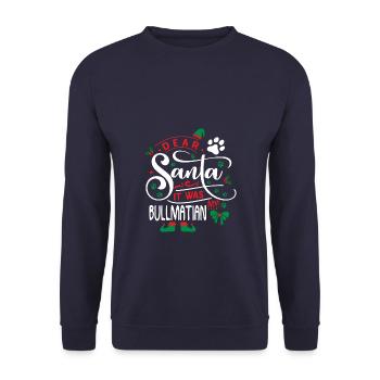 Weihnachten Weihnachtsmann Hund Bullmatian - Unisex Pullover - Navy - Vorne - Alina (178cm) & Michal (187cm)