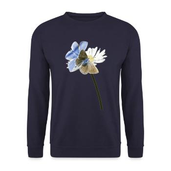 Zwei Bläuling Schmetterlinge auf einer Blüte - Unisex Pullover - Navy - Vorne - Alina (178cm) & Michal (187cm)