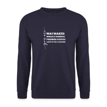 Waymaker & Christliche Geschenke | Gott Jesus - Unisex Pullover - Navy - Vorne - Alina (178cm) & Michal (187cm)