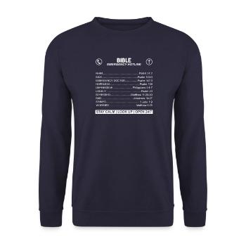 Emergency Bible Verses Faith Church God Christian - Unisex Sweatshirt - navy - Front - Alina (178cm) & Michal (187cm)
