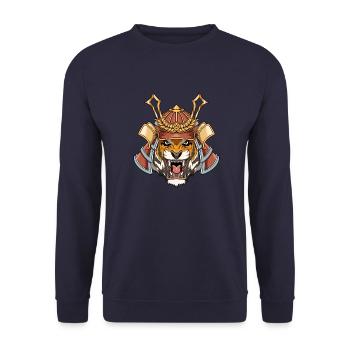 Japanischer Samurai Tiger - Katana Kämpfer - Unisex Pullover - Navy - Vorne - Alina (178cm) & Michal (187cm)