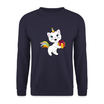 Süßes lächelndes Katzeneinhorn mit Geschenkbox - Unisex Pullover - Navy - Vorne - Alina (178cm) & Michal (187cm)
