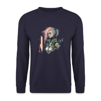Futuristische Heldin im Anime Style - Unisex Pullover - Navy - Vorne - Alina (178cm) & Michal (187cm)