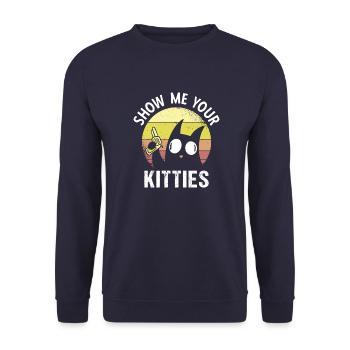Katze schwarzes Kätzchen Vintage Sonnenuntergang - Unisex Pullover - Navy - Vorne - Alina (178cm) & Michal (187cm)