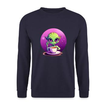 Mitternachts-Kaffee: Der grüne Alien-Trinker - Unisex Pullover - Navy - Vorne - Alina (178cm) & Michal (187cm)
