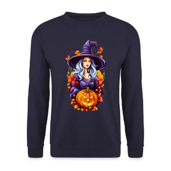 Halloween Hexe mit Kürbiskopf - Unisex Pullover - Navy - Vorne - Alina (178cm) & Michal (187cm)
