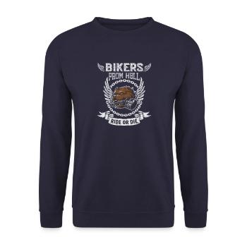 Höllenbiker mit Flügeln - Unisex Pullover - Navy - Vorne - Alina (178cm) & Michal (187cm)