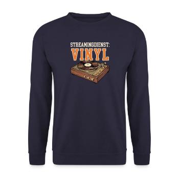 Schallplatten lustig - Streamingdienst: Vinyl - Unisex Pullover - Navy - Vorne - Alina (178cm) & Michal (187cm)