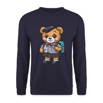 Süßer Teddybär mit trationeller Schuluniform - Unisex Pullover - Navy - Vorne - Alina (178cm) & Michal (187cm)