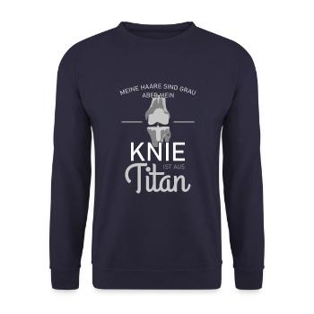 Künstliches Knie Spruch Prothese - Unisex Pullover - Navy - Vorne - Alina (178cm) & Michal (187cm)