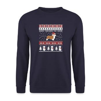 Hässlicher Weihnachtsstrickjacke-lustiger Corgi-Entwurf - Unisex Pullover - Navy - Vorne - Alina (178cm) & Michal (187cm)
