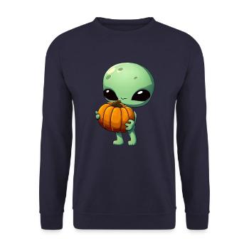 Green alien with Halloween pumpkin - Unisex Sweatshirt - navy - Front - Alina (178cm) & Michal (187cm)