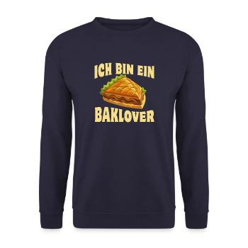 Ich bin ein Baklover, Baklava, Süßspeise, Spruch - Unisex Pullover - Navy - Vorne - Alina (178cm) & Michal (187cm)