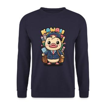 Kawaii Entchen mit traditioneller Schuluniform - Unisex Pullover - Navy - Vorne - Alina (178cm) & Michal (187cm)