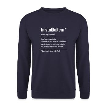 Installateur - Definition - Lexikon - Unisex Pullover - Navy - Vorne - Alina (178cm) & Michal (187cm)