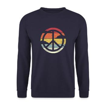 Retro Design Friedenszeichen Peace Zeichen - Unisex Pullover - Navy - Vorne - Alina (178cm) & Michal (187cm)