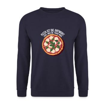 Pizza ist die Antwort! 🍕✨ - Unisex Pullover - Navy - Vorne - Alina (178cm) & Michal (187cm)