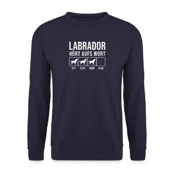 Lustiges Labrador T Shirt Hoert aufs Wort Ges - Unisex Pullover - Navy - Vorne - Alina (178cm) & Michal (187cm)