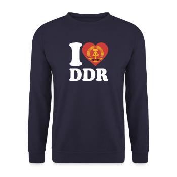 I Love DDR - Herz - Ostalgie - Unisex Pullover - Navy - Vorne - Alina (178cm) & Michal (187cm)