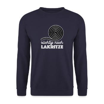 Süchtig nach Lakritze, naschen - Spruch - Unisex Pullover - Navy - Vorne - Alina (178cm) & Michal (187cm)