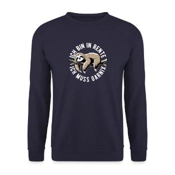 Faultier - Ich bin in Rente ich muss garnix - Unisex Pullover - Navy - Vorne - Alina (178cm) & Michal (187cm)