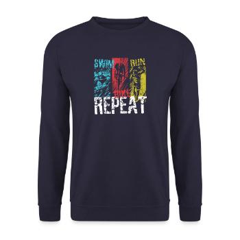 Swim Bike Run Repeat - Vintage Triathlon - Unisex Pullover - Navy - Vorne - Alina (178cm) & Michal (187cm)