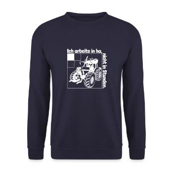 Ich arbeite in Hektar - Lohnarbeit - Bauer - Land - Unisex Pullover - Navy - Vorne - Alina (178cm) & Michal (187cm)