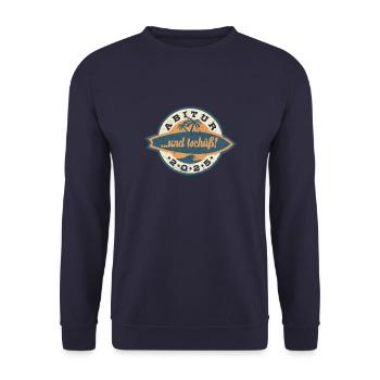 Abitur 2025 ...und tschüß! - Abi - Spruch - Unisex Pullover - Navy - Vorne - Alina (178cm) & Michal (187cm)