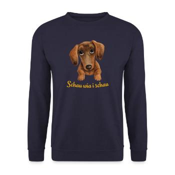 Dackelblick "Schau wia i schau" – Dackel Geschenk - Unisex Pullover - Navy - Vorne - Alina (178cm) & Michal (187cm)