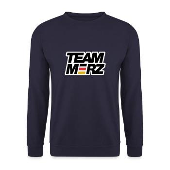 Team Merz - Kanzler - Unisex Pullover - Navy - Vorne - Alina (178cm) & Michal (187cm)