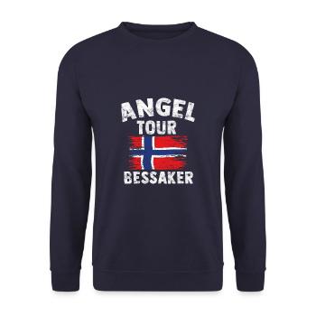 BESSAKER - Angel Tour Norwegen Personalisierbar - Unisex Pullover - Navy - Vorne - Alina (178cm) & Michal (187cm)