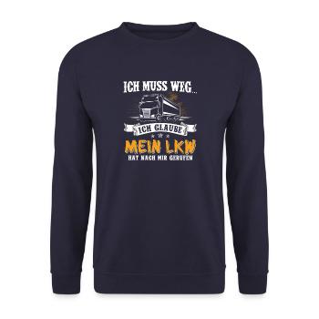 Lastwagen LKW Spedition Geschenk · ich muss weg - Unisex Pullover - Navy - Vorne - Alina (178cm) & Michal (187cm)