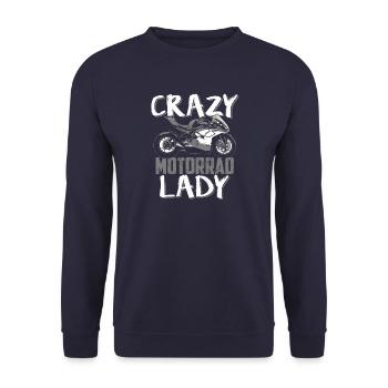 Motorrad Frau Superbikerin Geschenk · Crazy Lady - Unisex Pullover - Navy - Vorne - Alina (178cm) & Michal (187cm)