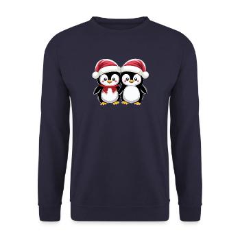 "Weihnachtliche Pinguin-Freunde" - Unisex Pullover - Navy - Vorne - Alina (178cm) & Michal (187cm)