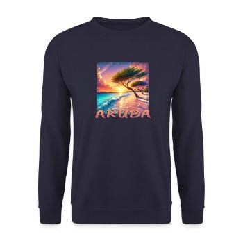 Aruba Eagle Beach Sonnenuntergang Palmen Grunge - Unisex Pullover - Navy - Vorne - Alina (178cm) & Michal (187cm)