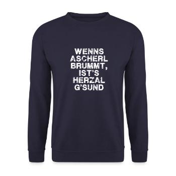 Wenns Oascherl brummt ist s Herzal g sund,bayrisch - Unisex Pullover - Navy - Vorne - Alina (178cm) & Michal (187cm)