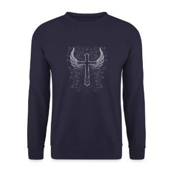 Kreuz mit Flügel und Blumen Verzierung - Unisex Pullover - Navy - Vorne - Alina (178cm) & Michal (187cm)