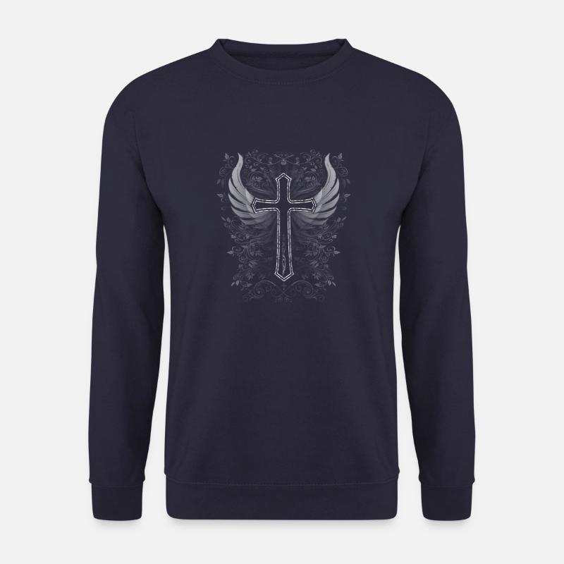 Kreuz mit Flügel und Blumen Verzierung - Unisex Pullover - Navy