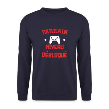 Parrain niveau débloqué. Cadeau annonce grossesse - Sweat-shirt Unisexe - marine - Devant - Alina (178cm) & Michal (187cm)