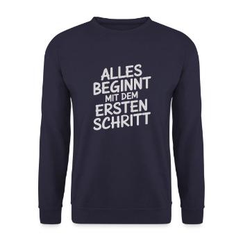 Alles beginnt mit dem ersten Schritt - Unisex Pullover - Navy - Vorne - Alina (178cm) & Michal (187cm)