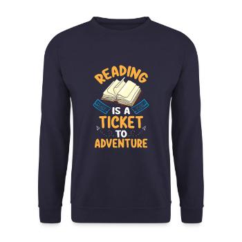 La lecture est un billet pour les amateurs de livres d’aventure - Sweat-shirt Unisexe - marine - Devant - Alina (178cm) & Michal (187cm)